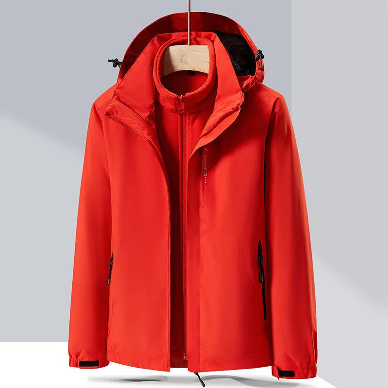 Men's black three-in-one removable waterproof mountaineering suit with polar fleece lining shown for hiking.