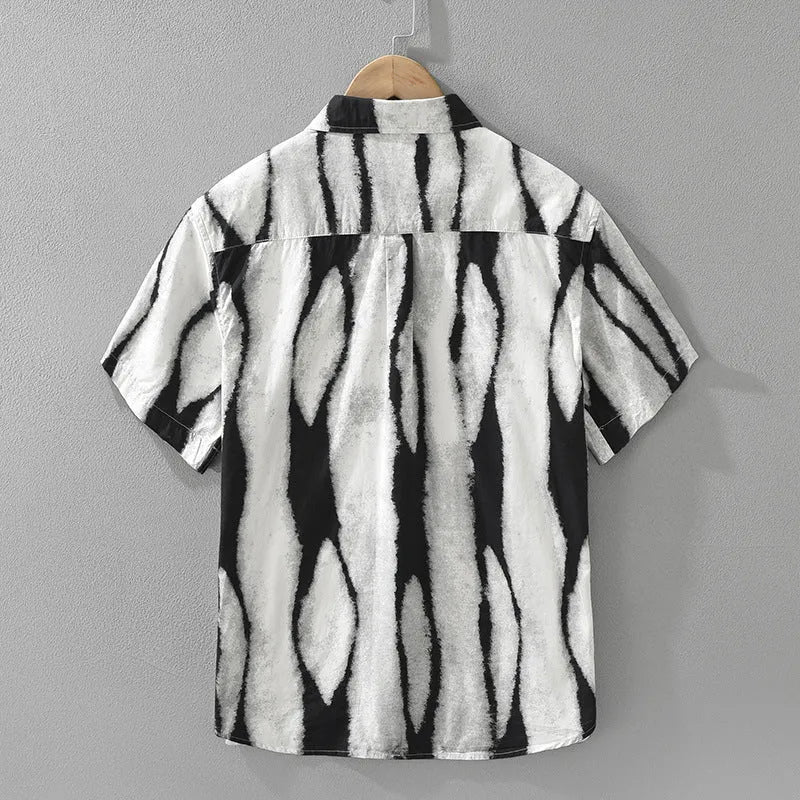 A black and brown retro striped short sleeve cotton shirt with a loose cardigan fit.
