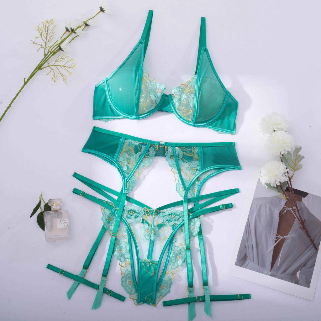 Light green women's fashion bra set with embroidery detailing and three-point tights fit design