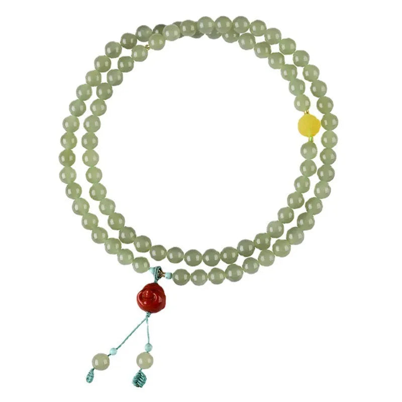 Pale blue hetian jade bracelet with 6mm beads in a three-circle hand-stringed design for women