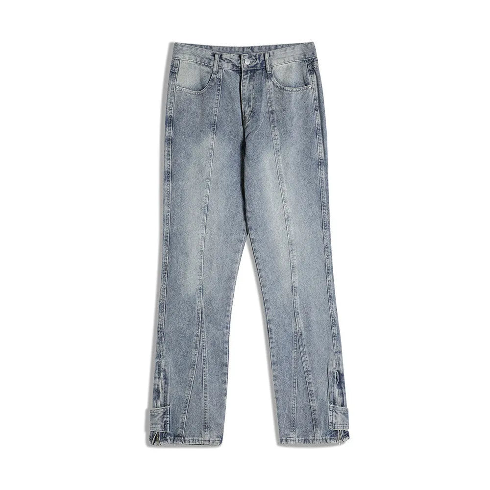 Blue cotton patchwork straight-leg jeans for men with size chart S to XXL