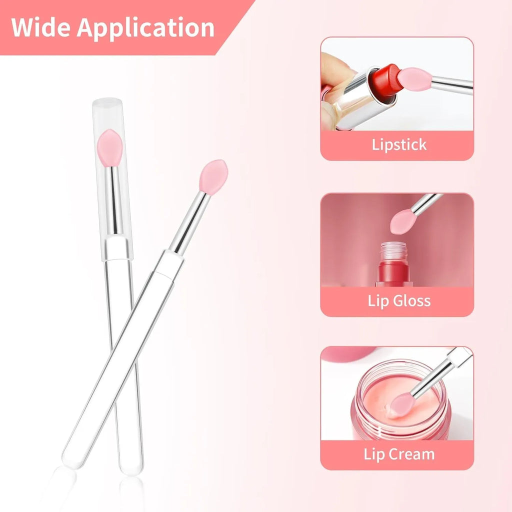 Set of reusable silicone lip brushes with protective caps in various colours for applying lipstick and gloss