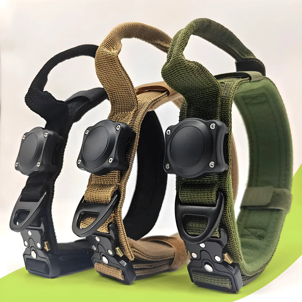 Tactical waterproof dog collar with metal positioning ring in black, army green, or khaki.