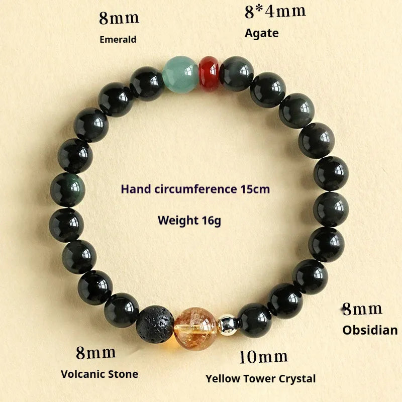 Chinese style obsidian yellow tower crystal and agate jade beaded bracelet shown in 8mm and 10mm bead sizes