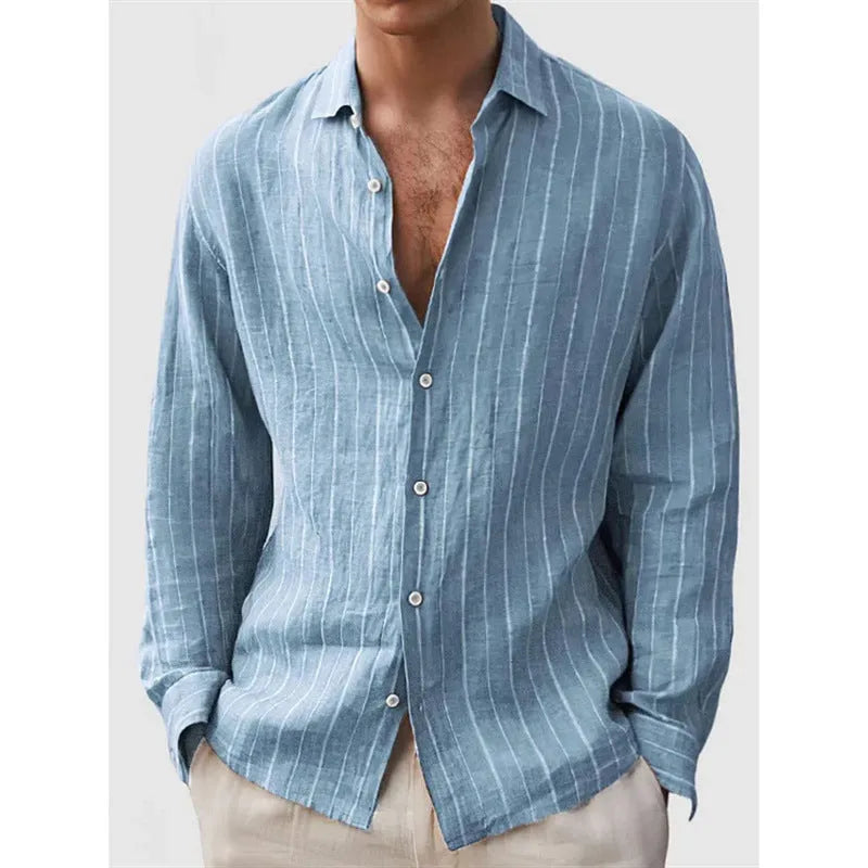 Men's striped long sleeve cardigan shirt in loose fit polyester available in multiple colours