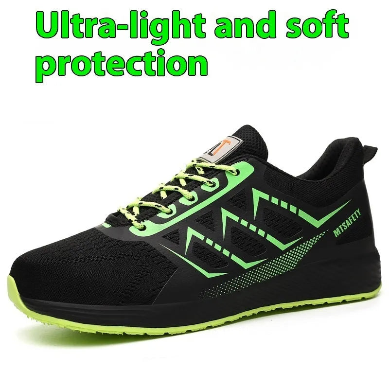 Black labour protection shoes with steel toe cap, front lace-up closure, and anti-penetration soles
