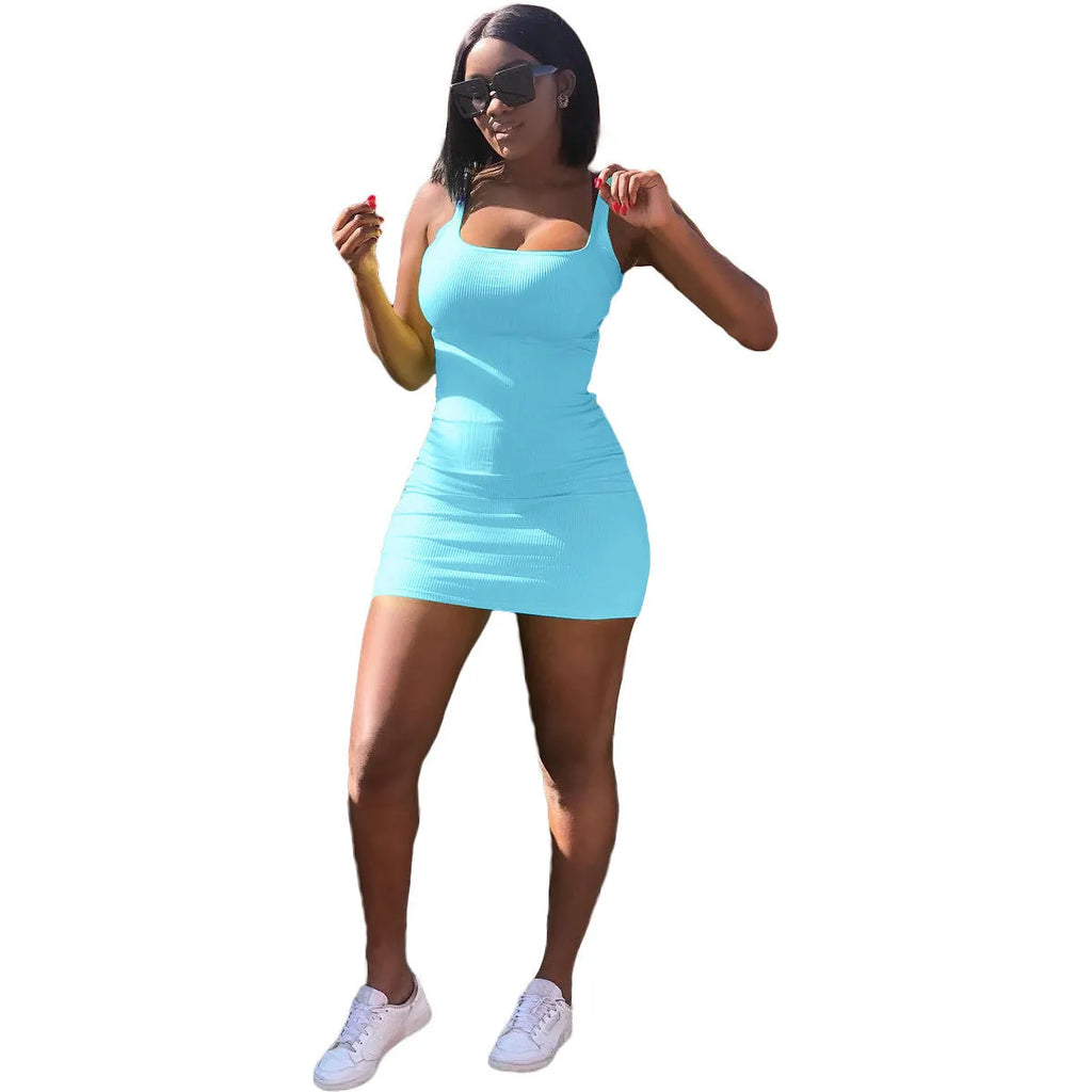 Women's casual slim fit dress with a big U-neck, sunken stripes, straps, and princess sleeves in a light colour.