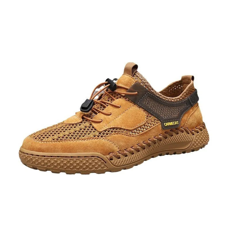 Men's brown suede casual tennis shoes with an elastic band and hand-stitched rubber sole.