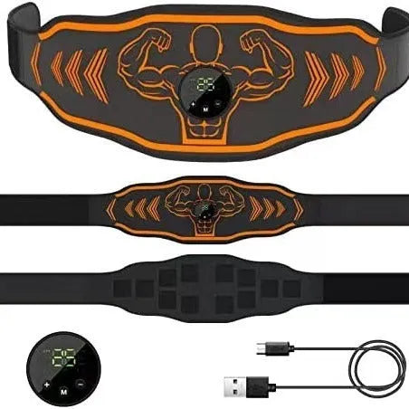 Blue and orange rechargeable EMS smart massage belt with arm electrodes on a white background.