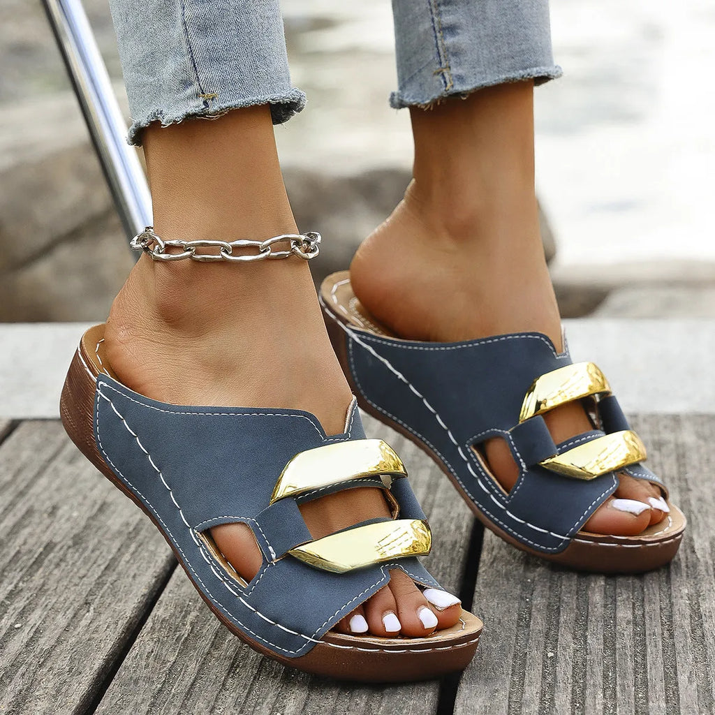 Women's Roman style platform sandals in black, white, khaki, and sea blue on a rubber sole.