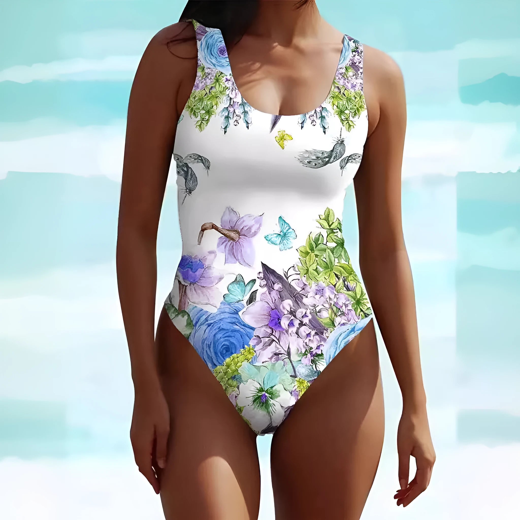 Women's sleeveless Bohemian dress swimsuit in artistic retro style with spandex fabric