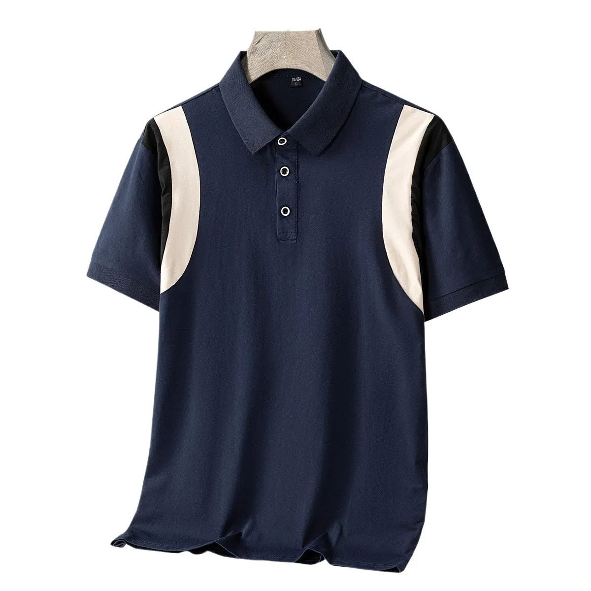 Men's striped short-sleeved cotton T-shirt in loose Korean-style fit on a hanger.