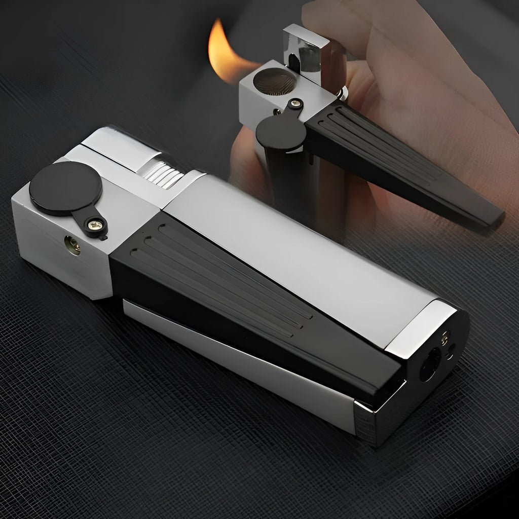 Refillable metal pipe lighter with foldable cover and built-in smoking bowl