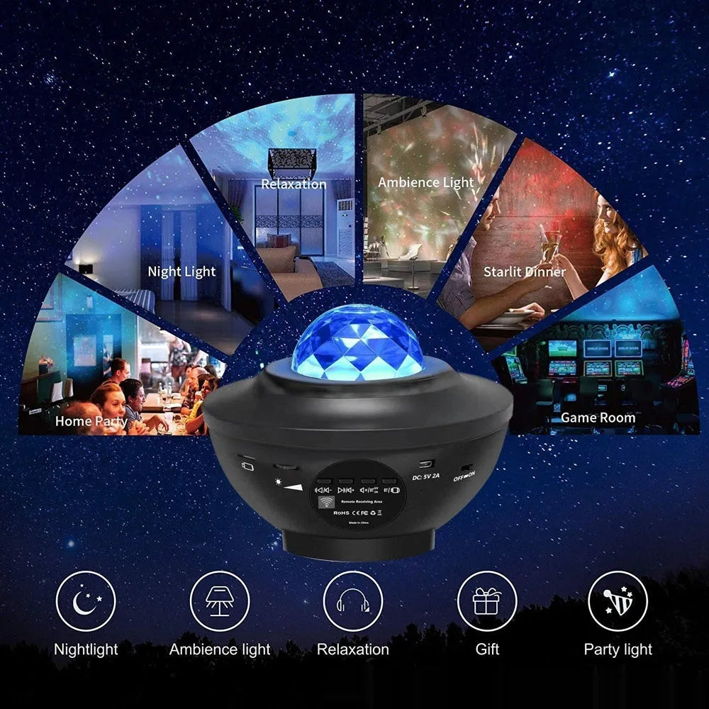 Black star projector lamp on desktop showing rotating laser water ripple and star projection effects