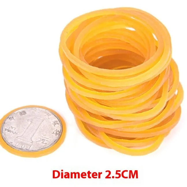 500g pack of yellow rubber bands showing multiple diameter sizes from 16mm to 70mm