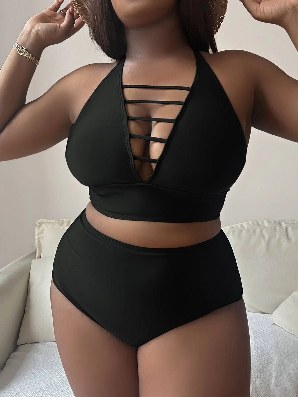 Plus size halter bikini set with adjustable hollow cross straps in black, green or wine red