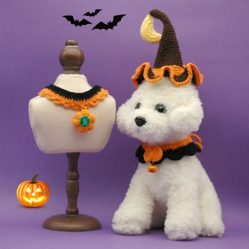 Hand-crocheted wool Halloween pet collar with pumpkin design in adjustable sizes for cats and dogs