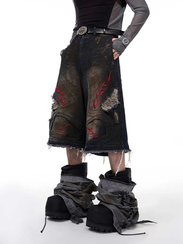 Men's retro wide leg jeans with detachable trouser legs in denim, shown in picture colour.