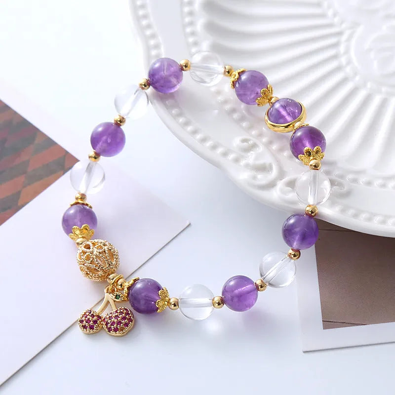 Purple crystal bracelet with a micro-inlaid cherry flower design for women.