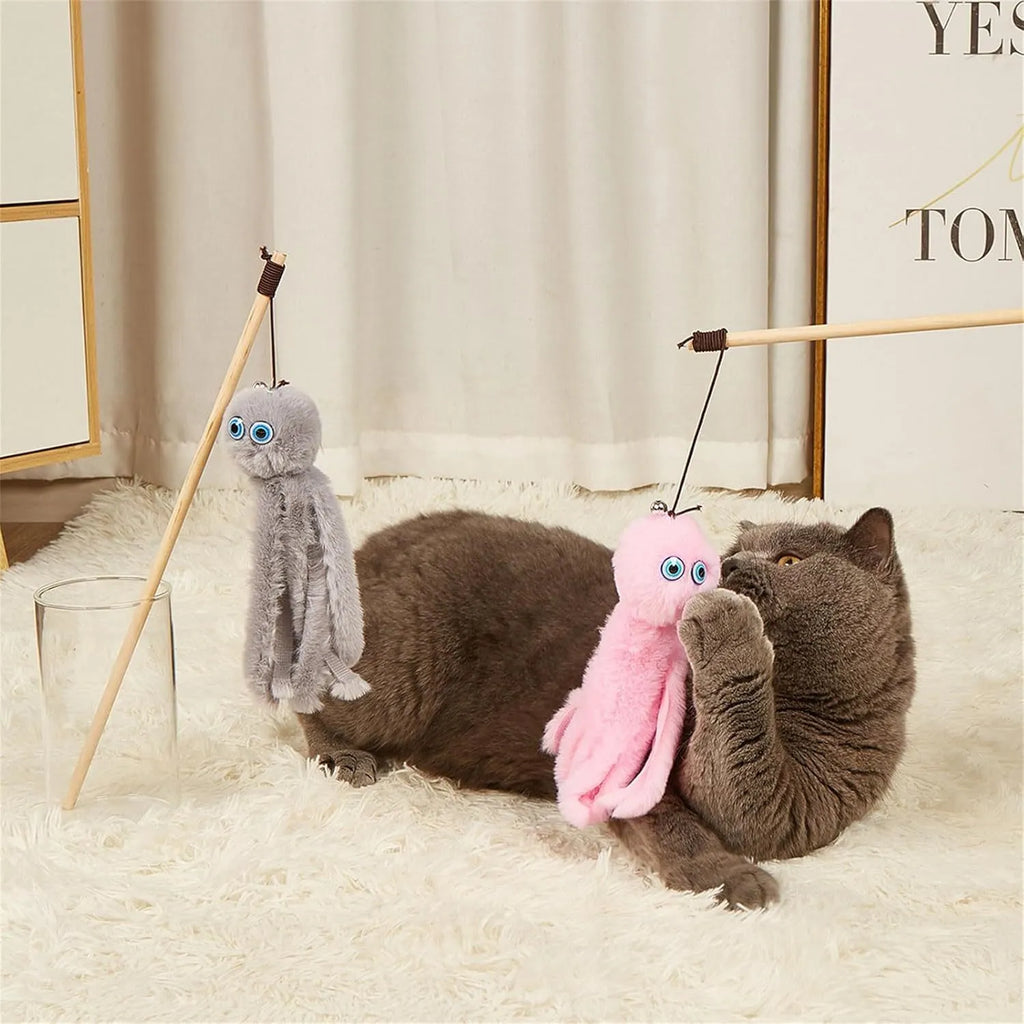 Furry octopus cat toy on long stick wand in pink colour option
