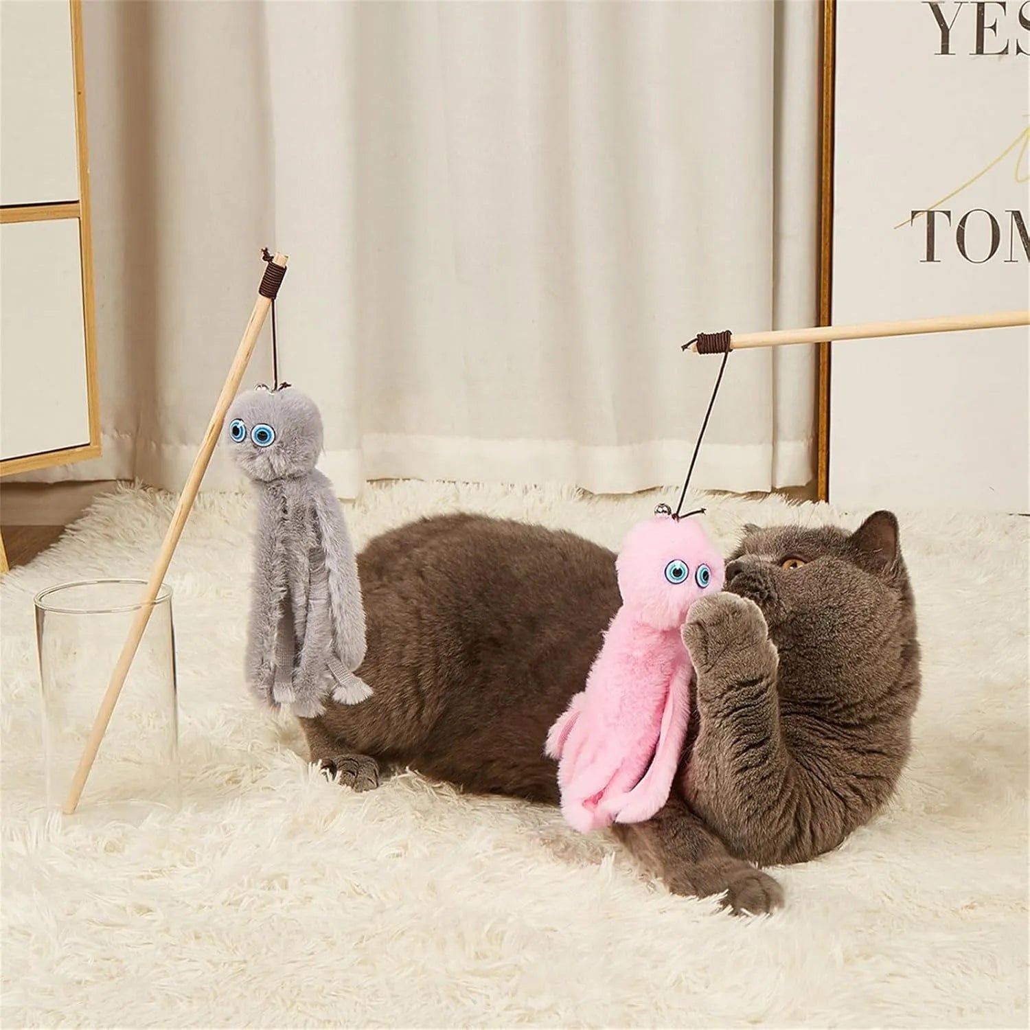 Furry octopus cat toy on long stick wand in pink colour option