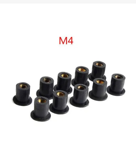 Set of 10 black rubber and brass well nut fasteners for motorcycle modification in M4 M5 M6 sizes.