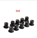 Set of 10 black rubber and brass well nut fasteners for motorcycle modification in M4 M5 M6 sizes.