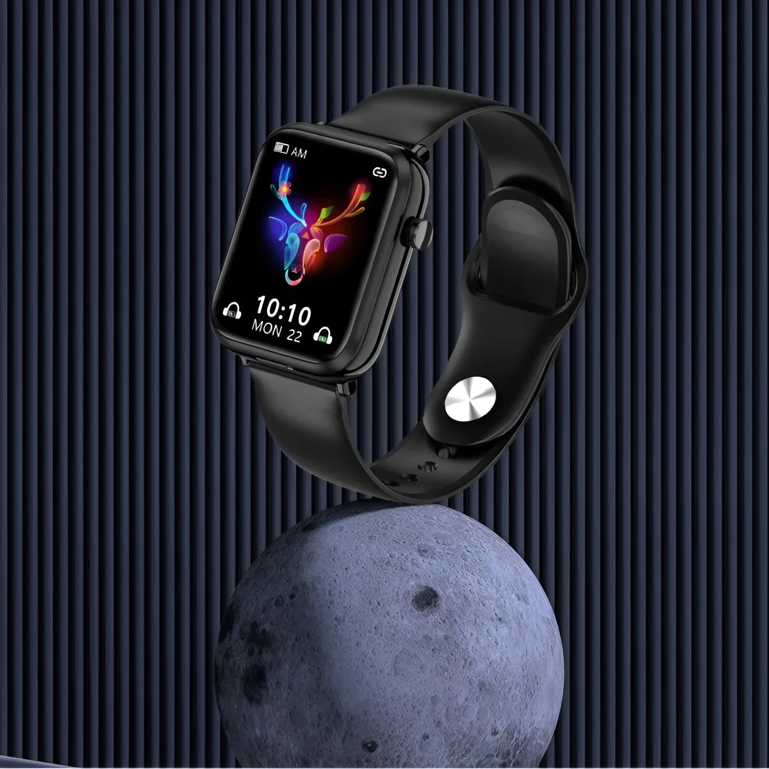 Black smartwatch with 1.69 inch screen and TWS wireless earbuds in charging case