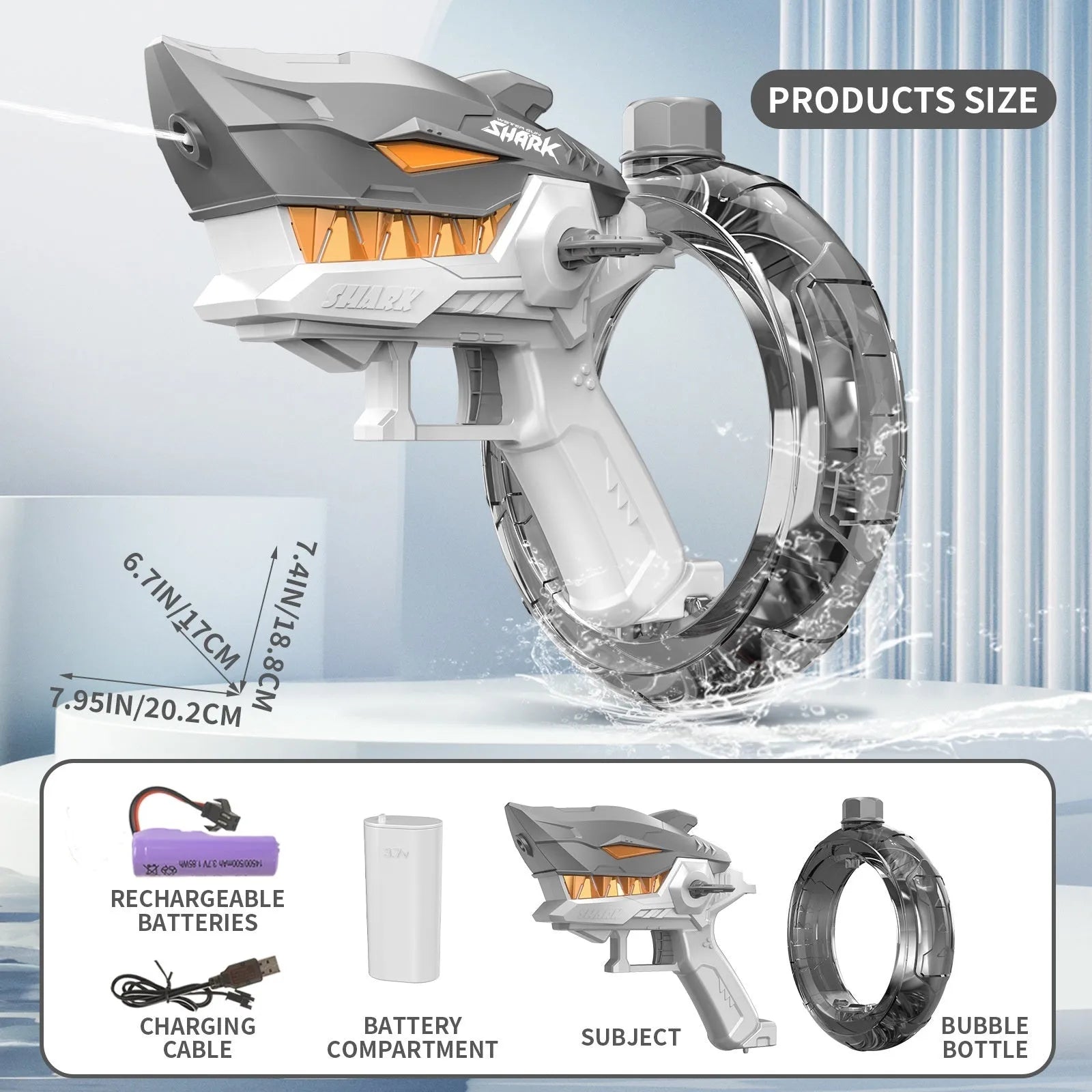 Blue Shark electric water gun toy with large water tank and USB charging port