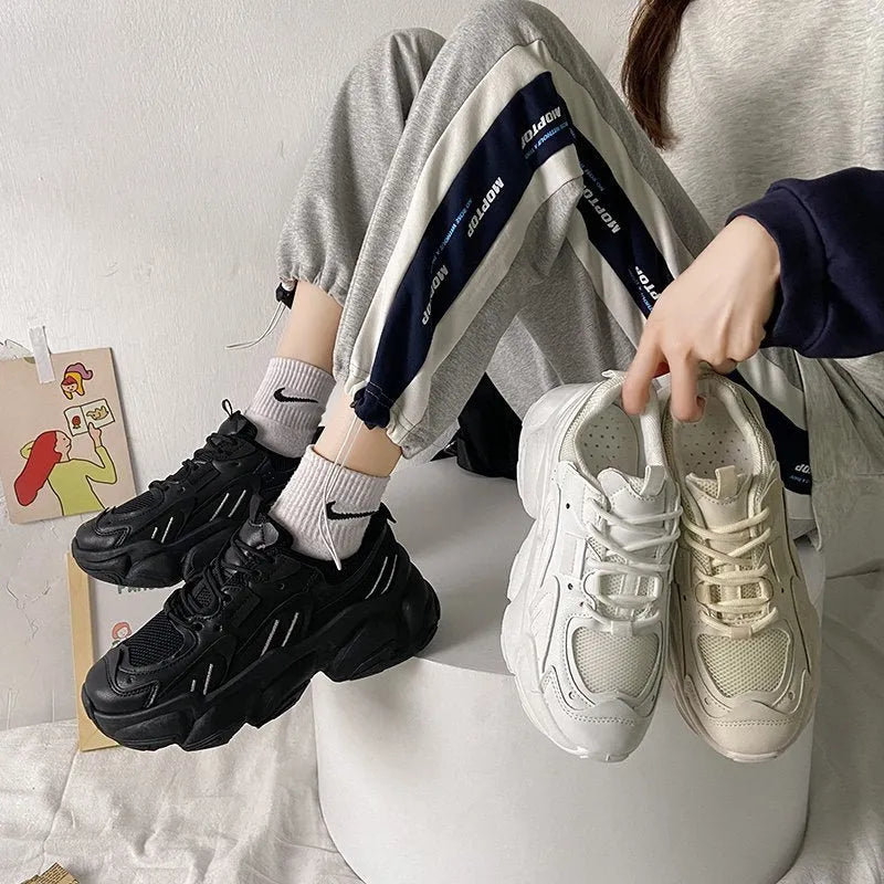 Beige Korean fashion breathable platform sneakers with cross-strap upper for women