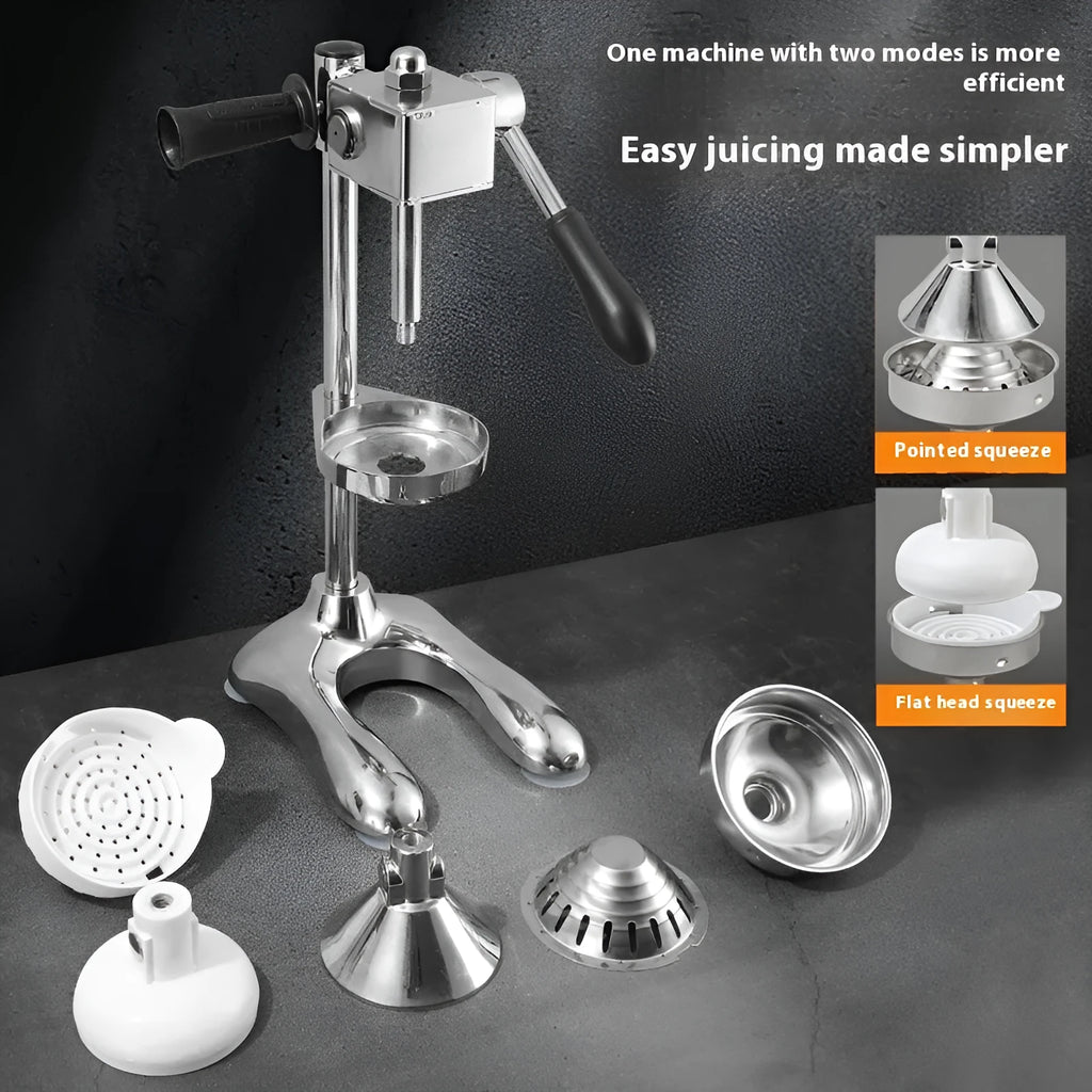Vertical stainless steel manual juicer in multiple colours with different head style options.