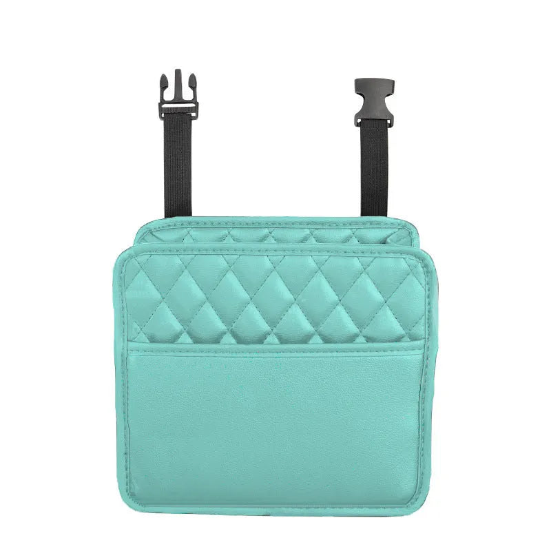 Black leather hanging storage bag and trash can for car interior, showing dimensions of 25cm by 25cm.