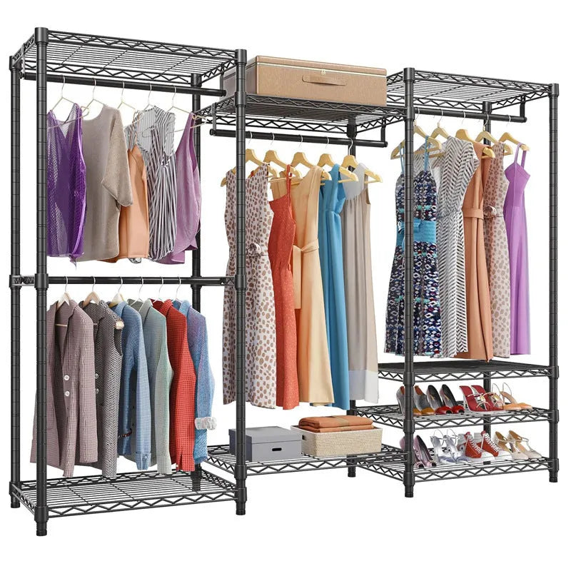 Black freestanding metal garment storage rack for hangers, trousers, and ties