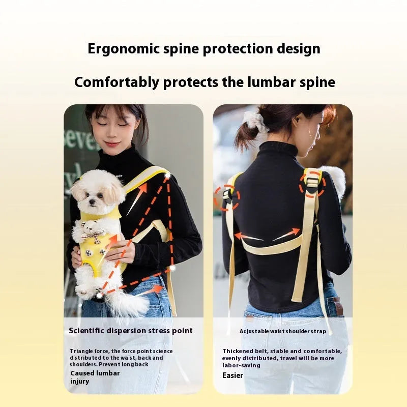 Soft canvas cat carrier chest bag with cartoon animal pattern and colourful stitching in multiple size options
