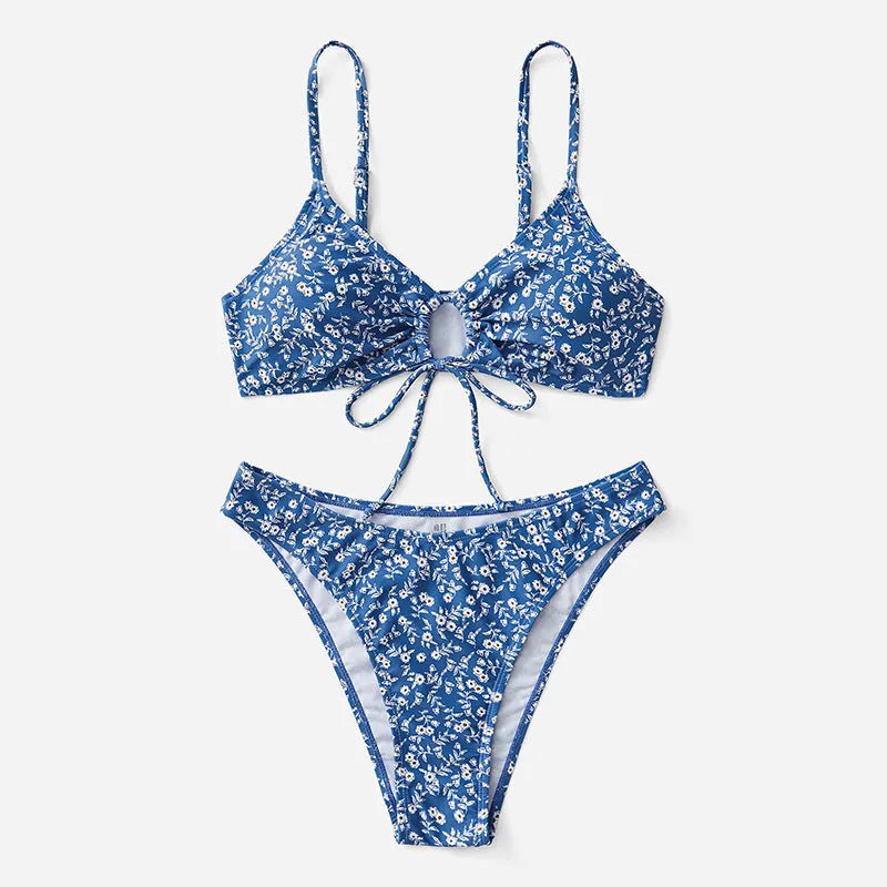 Blue ladies' swimsuit three-piece set without underwire, showing top and shorts.