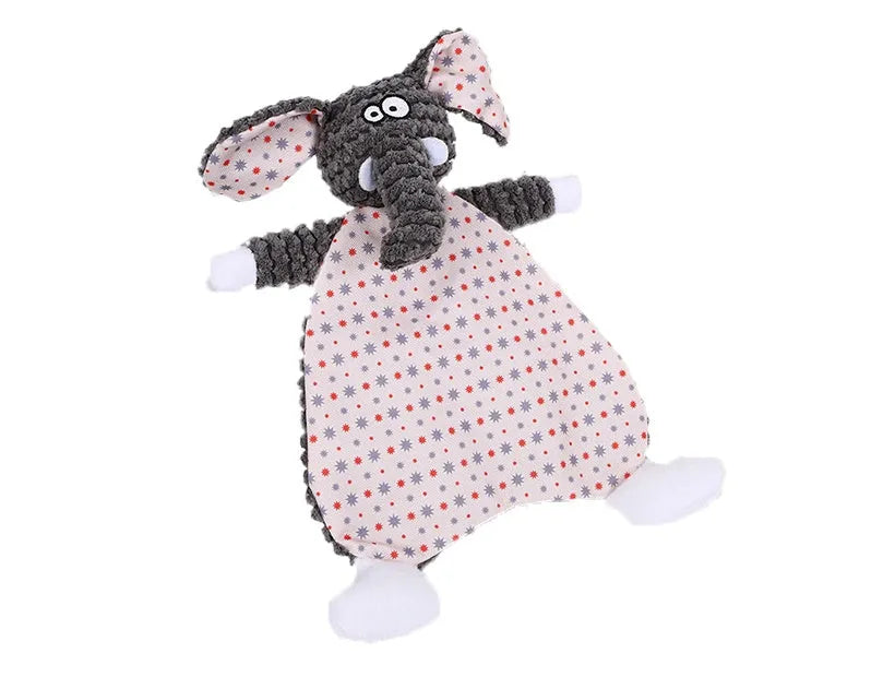 Brown velvet pet chew toy shaped like a fox elephant with crinkle paper and squeaker inside