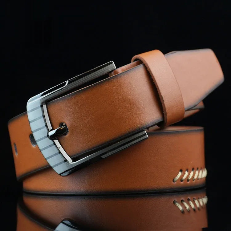 Men's black imitation leather casual belt with threading pattern and an alloy pin buckle.