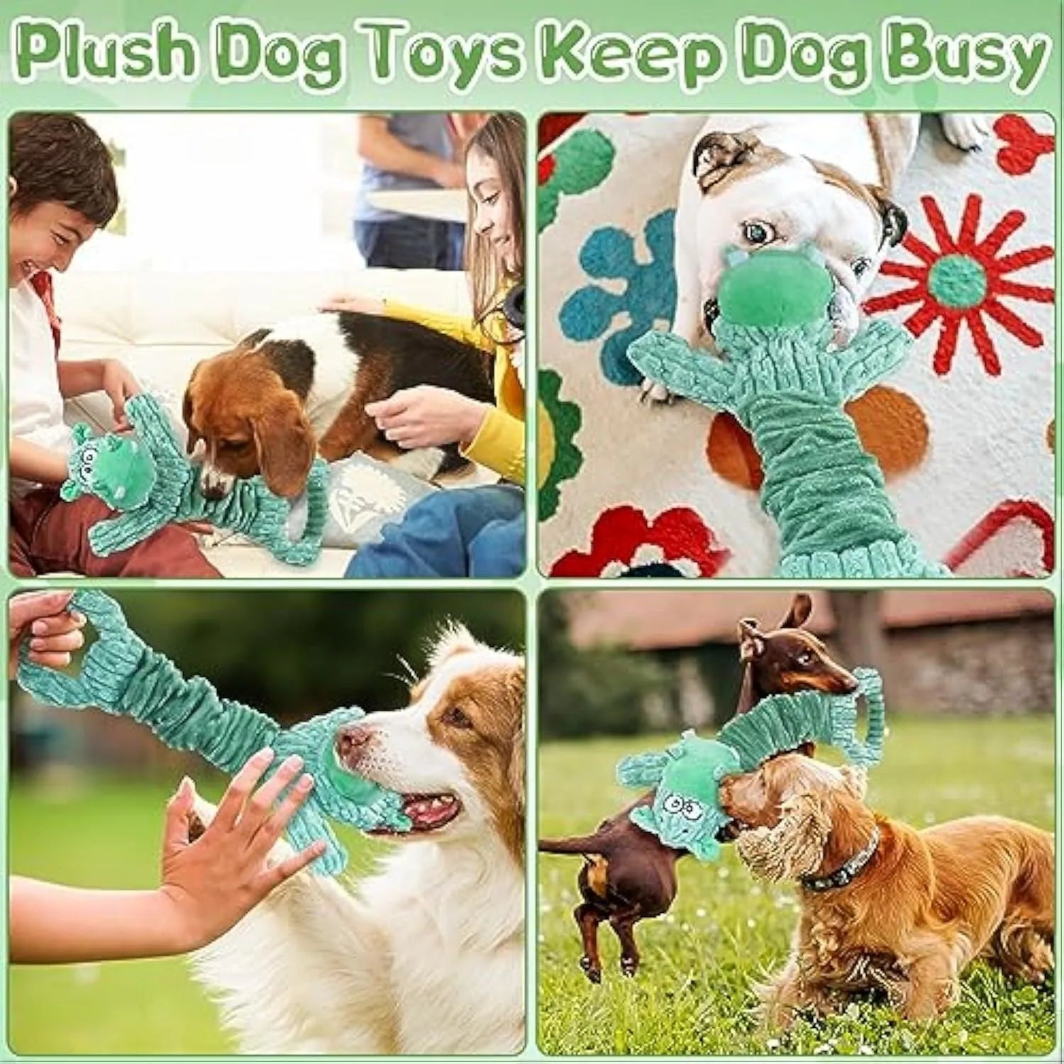 Large soft plush dog toy in hippo and monkey designs with a handle base.