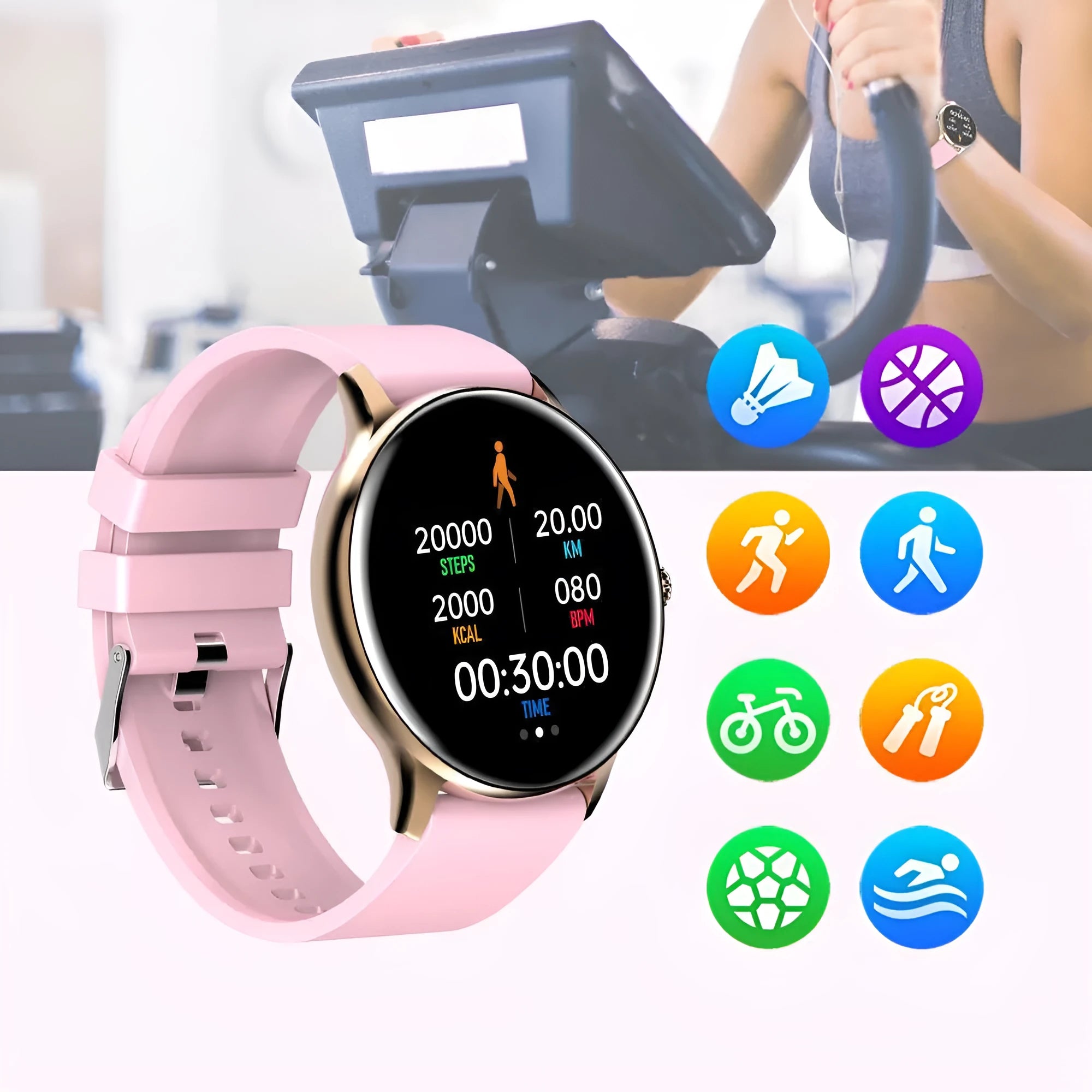 Blood pressure smart sports watch with 1.28-inch touch screen and silicone band in three colour options