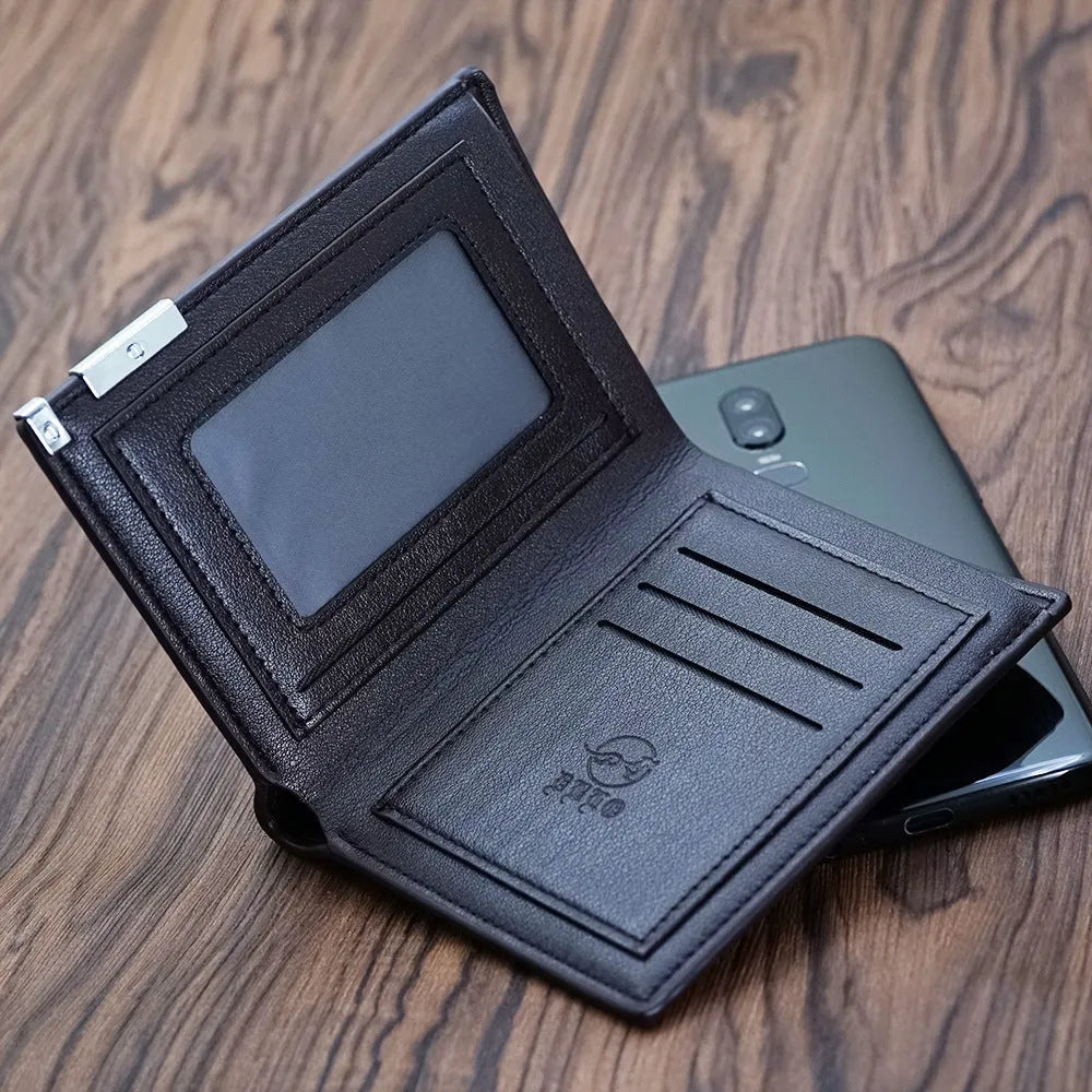 Leather men's wallet with zipper closure shown individually packaged as gift accessory