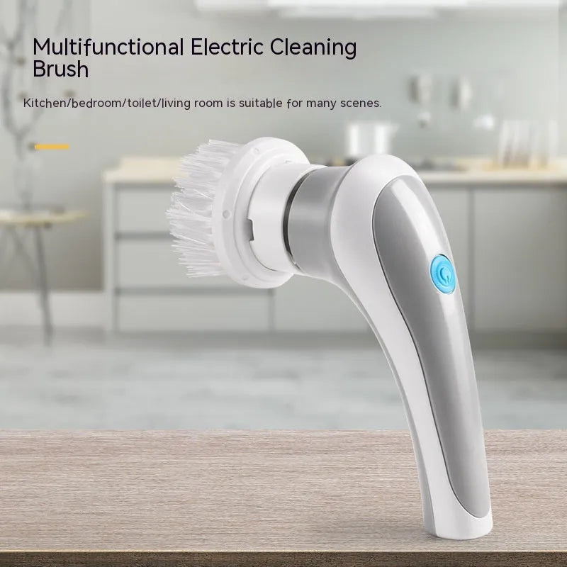 Cordless electric cleaning brush with rotating scrubber head and multiple brush attachments