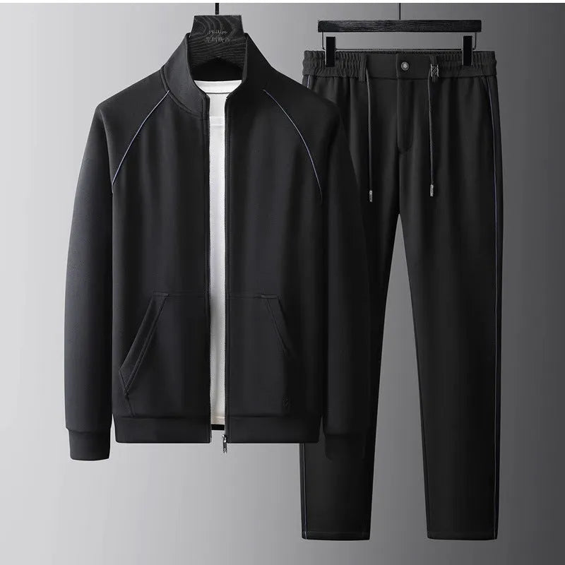 Men's stand collar slim fit casual sports suit in Vinylon fabric, shown in coffee colour