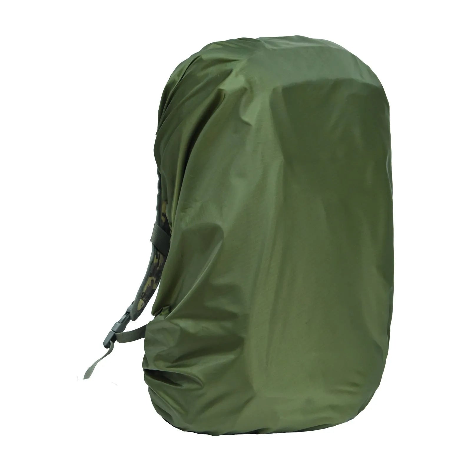 Waterproof PU backpack rain cover in army green, shown fitted over a large hiking rucksack.