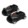 Kids luminous cartoon car slippers flashing blue, with anti-slip sole texture visible.