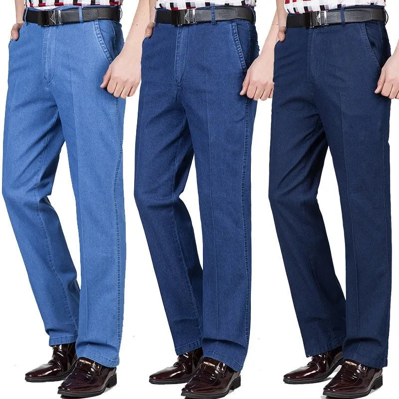 Men's high waist loose fit blue denim jeans on a neutral background