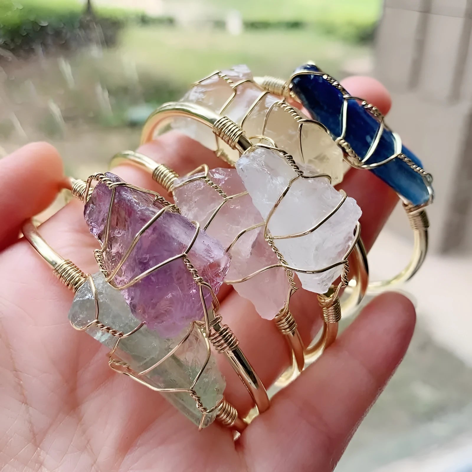 Natural crystal rough stone bracelet with gold winding wire in geometric bohemian design