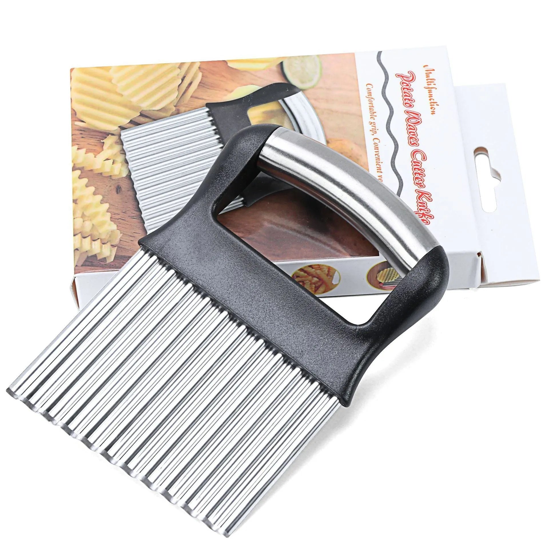 A black stainless steel potato wave knife on a kitchen counter, showing its corrugated blade.