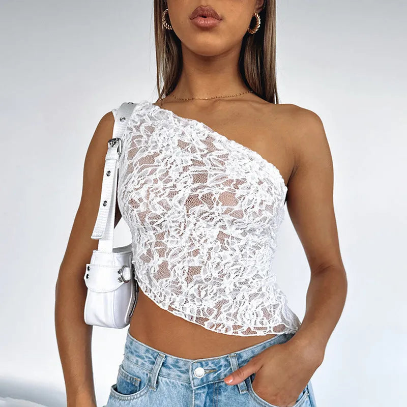 Women's sleeveless lace backless top with asymmetrical neckline in solid colour