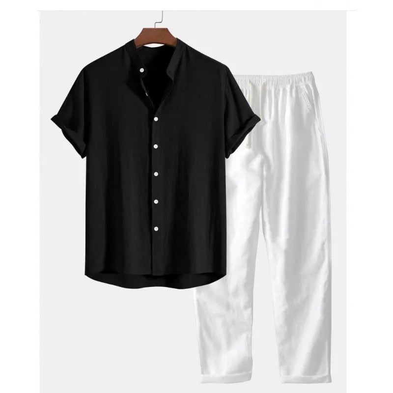 Men's loose fit linen-blend short sleeve shirt and trousers casual suit set on a hanger.