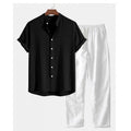 Men's loose fit linen-blend short sleeve shirt and trousers casual suit set on a hanger.
